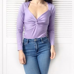Vemani Lilac Purple Silk Surplice Twist 3/4 sleeve Top